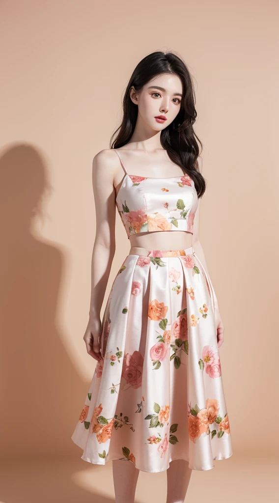 A beautiful woman standing, wearing two piece floral dress, pale skin, smooth pale skin, skin tune pink, perfect body, detailed body, cute face, black hair, super detailed, 8k