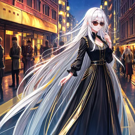 Ultra Quality, Shiny Skin, Atmospheric, 8K, Cinematic, ((Street background)), BREAK, ((Long White Hair)), narrowed black eyes, long black dress, fingers crossed, Sunglasses