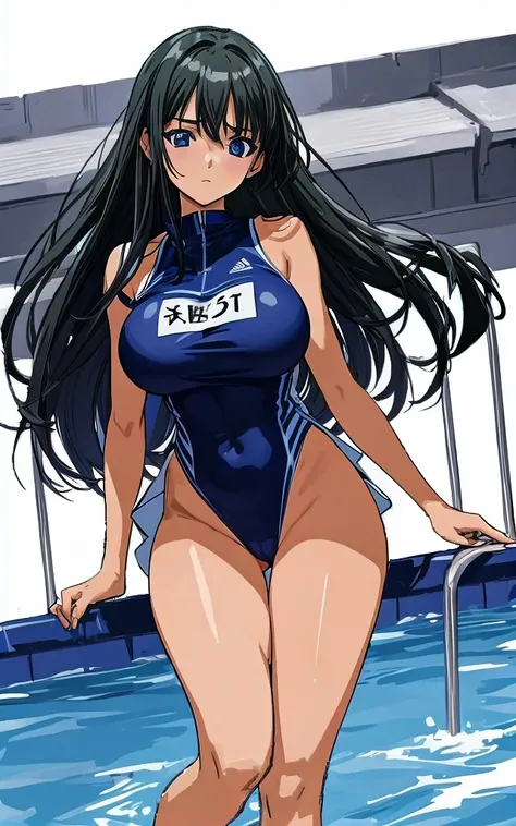 A beautiful woman with long black hair, big breasts, and beautiful legs is standing by the school pool in a blue competitive swimsuit.。