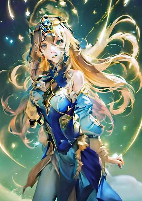 anime girl with long blonde hair and blue dress in the sky, portrait knights of zodiac girl, ((a beautiful fantasy empress)), an...