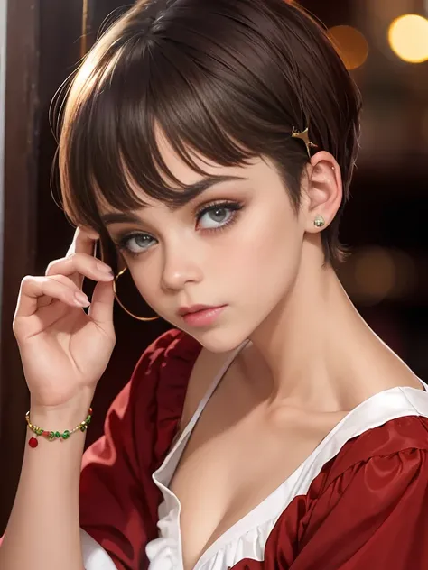 Photo of a 15-year-old European girl, RAW, beautiful woman, pecas en mejillas y nariz ,hermosos  ojos azules(Light brown hair pixie haircut),corte de cabello pixie ((retrato)), ((Cara detallada:1.2)), ((Detailed facial features)), (Piel finamente detallada...