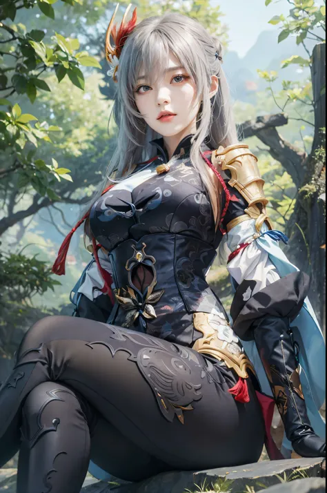 Anime girl sitting on a rock in the woods with a sword, 《genshin impact》Ke Qingyu, genshin impact, Ayaka Genshin impact, offcial art, Portrait of a knight of the zodiac girl, scales cover her, Detailed anime character art, ayaka game genshin impact, Kushat...