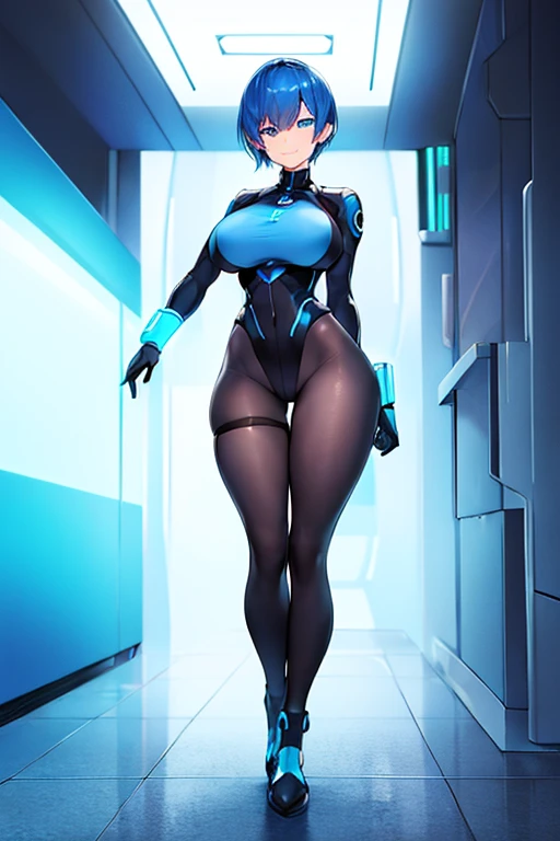 1girl, breasts, large breasts, blue hair, very short hair, pixie cut, bodysuit, black bodysuit, blue trim, science-fiction, futuristic, tech, neon trim, neon, smile, full body, ((full body)), pantyhose, standing,