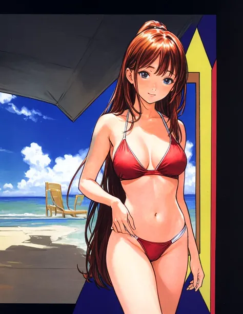 A beautiful woman with long, shoulder-length hair, big breasts, and beautiful legs is standing by the pool in a red competitive swimsuit.。