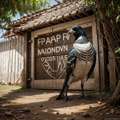 realistic photo of a magpie bird, it says "rijaya " underneath, the writing is displayed in colorful , super detailed, full body