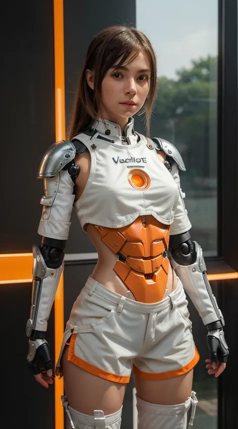 Create a detailed and realistic image of a humanoid girl robot with intricate white and orange armor, shot top, very shorts armor, posed in front of a complex mechanical background. The robot should have human-like hair but its face is not visible.