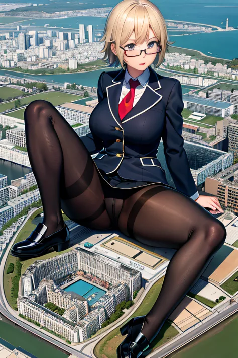 city map, giantess art, a hyperrealistic schoolgirl, highly detailed giantess shot, der riese, Shorthair, Black pantyhose, A gigantic high school girl that exceeds a skyscraper, Wearing rimless glasses, Colossal tits, Navy blue blazer, Red tie, Mini Length...