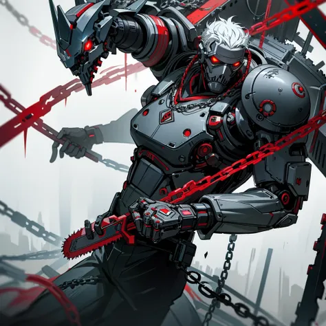 Dark_Fantasy,Cyberpunk,(chain saw,chain saw man,Red:1.1),1man,Mechanical marvel,Robotic presence,Cybernetic guardian,