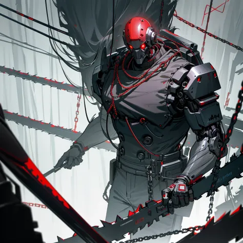 Dark_Fantasy,Cyberpunk,(chain saw,chain saw man,Red:1.1),1man,Mechanical marvel,Robotic presence,Cybernetic guardian,