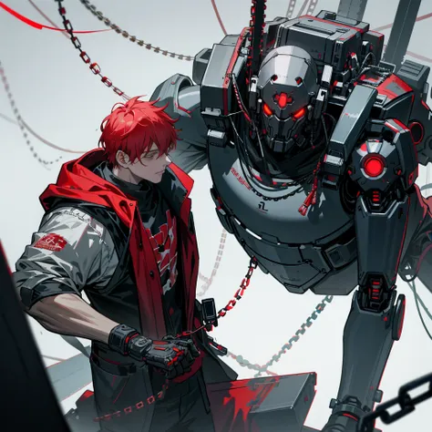 Dark_Fantasy,Cyberpunk,(chain saw,chain saw man,Red:1.1),1man,Mechanical marvel,Robotic presence,Cybernetic guardian,