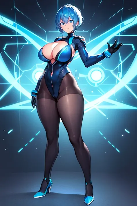 1girl, breasts, large breasts, blue hair, very short hair, pixie cut, blue eyes, bodysuit, black bodysuit, blue trim, science-fiction, futuristic, tech, neon trim, neon, smile, full body, ((full body)), pantyhose, black pantyhose