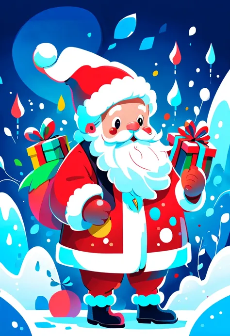 a cute Santa Claus with Christmas elements decorating,surrounded by white snow,colorful shapes, blue background,MBE illustration, thick lines,vivid color schemes,sharpie illustration