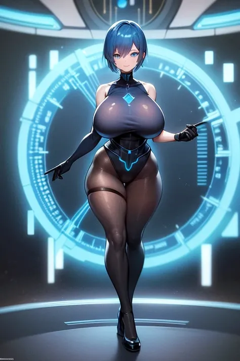 1girl, breasts, large breasts, blue hair, very short hair, pixie cut, blue eyes, bodysuit, black bodysuit, blue trim, science-fiction, futuristic, tech, neon trim, neon, smile, full body, ((full body)), pantyhose, black pantyhose, hourglass figure, ((hourg...