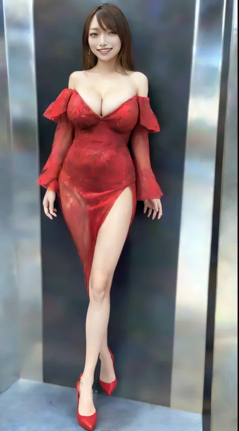 in 8K、超A high resolution、Best Quality、masuter piece、Photorealsitic、The ultra -The high-definition、(huge tit、Pretty big breasts、large cleavage、toned body:1.18)(A bright red off-shoulder party dress with a big slit、Always stand with your legs wide apart、Alwa...