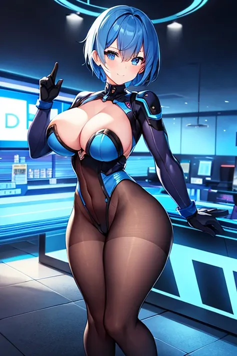 1girl, breasts, large breasts, blue hair, very short hair, pixie cut, blue eyes, bodysuit, black bodysuit, blue trim, science-fiction, futuristic, tech, neon trim, neon, smile, full body, ((full body)), pantyhose, black pantyhose, hourglass figure, ((hourg...