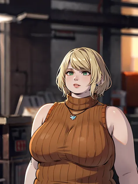 masterpiece , 4K, high quality, perfect anatomy, perfect eyes, obese 1girl, blurry, photo_(medium), realistic, short_hair, sleeveless, solo, looking_at_viewer, obese body, blonde_hair, shirt, bare_shoulders, jewelry, light green eyes, full_body, parted_lip...