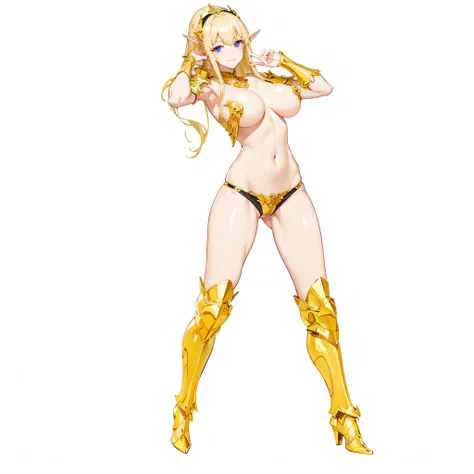 ​masterpiece、top-quality、ighly detailed、hight resolution、１６ｋ、fullnude、Teetoob proportions、golden armour、Very thin skirt、Black pants、Very white skin、Beautiful fingers、Anime girl with very big breasts posing naked、Perfect Style、elvish、no-bra、Blonde blue-eyed...