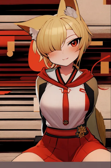 1个Giant Breast Girl, Blonde hair, fox ear, kitsune mask, katana swords, short detailed hair, mini-skirts, box, [(white backgrounid:1.5):::5],  Background with, red eyes, stairways, SakuraNS, fox tails, covers one eye, decor,