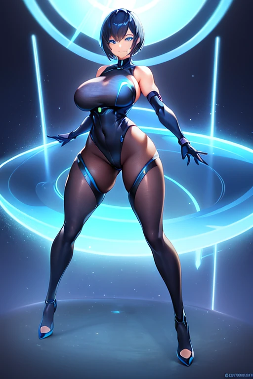 1girl, breasts, large breasts, blue hair, very short hair, pixie cut, blue eyes, bodysuit, black bodysuit, blue trim, science-fiction, futuristic, tech, neon trim, neon, smile, full body, ((full body)), pantyhose, black pantyhose, hourglass figure,