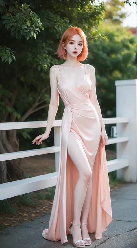 A beautiful woman standing, wearing silky dresses , pale skin, smooth pale skin, skin tune pink, perfect body, detailed body, cute face, orange hair, super detailed, 8k