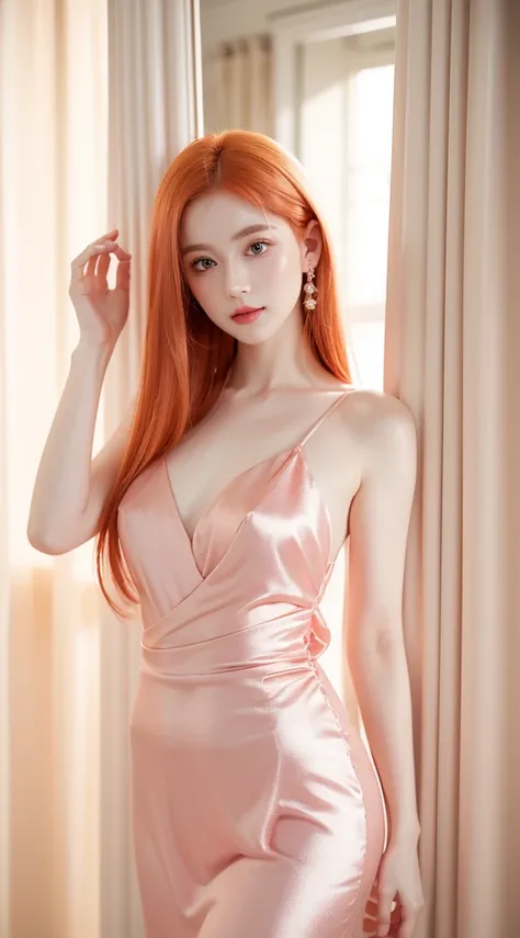 A beautiful woman standing, wearing silky dresses , pale skin, smooth pale skin, skin tune pink, perfect body, detailed body, cute face, orange hair, super detailed, 8k