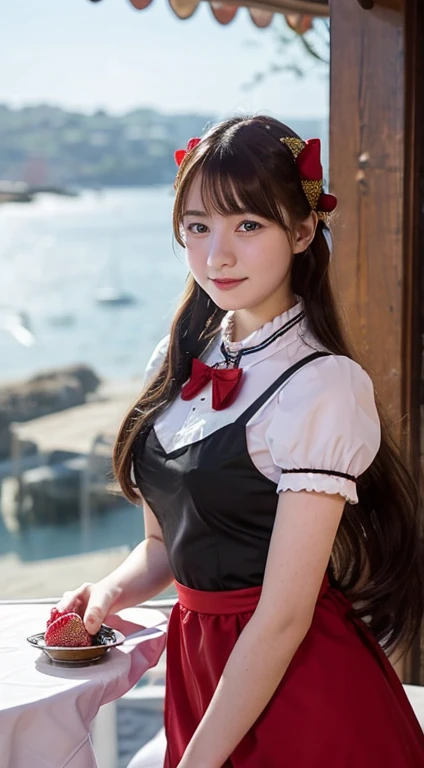 promo photo, The place is a restaurant by the sea.，1 girl, 16-year-old face, waitresses, Red-headed twin-tailed, Gentle face, Gothic Lolita half costume and maid costume and strawberry image, Clothes based on white,