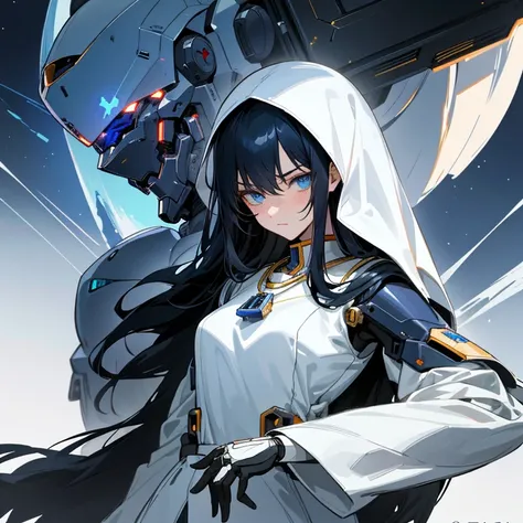 Young anime, aesthetic body, dark blue eyes, black hair, hair like night, eyes like the ocean, with white clothes with blue details, on a spaceship, with golden necklace, fighting robot, mech suit, scowl, dark ominous vibe, evil mech, robot, lustful look o...