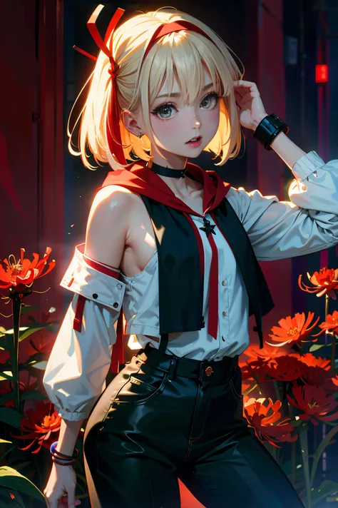 (Fine, beautiful eyes and detailed face)、cinematlic lighting、bustshot、the Extremely Detailed CG Unity 8K Wallpapers、(top-quality、hight resolution、8K、​masterpiece:1.2)。Curvaceous but slender、Muchimuchi Body、Red Higan Flower Garden、The whole area is full of ...