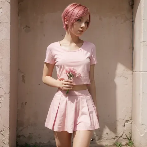 A girl with short pink hair, a pink shirt, and short pink skirt, holding a flower in her hand