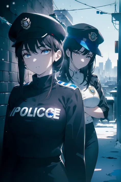 ((Obra maestra, La mejor calidad, ultrahigh resolution)), (((2girls))), standing next to each other, confidant stance, (((((two police officers, wearing blue police uniforms, police uniforms)))), (((wearing beat cop hat))), (black, black beat cop hat), (((...