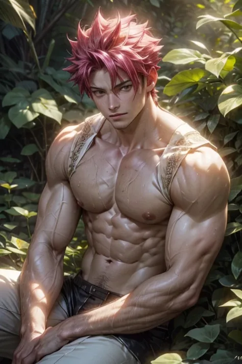 (best quality,highres,ultra-detailed:1.2), A muscular man Natsu Dragneel is sitting in a garden. He is wearing a vest with visible chest and pecs,(bare chested:1.2, washboard abs:1.2, V-shape body:1.2). Natsu has extremely detailed facial features with bea...