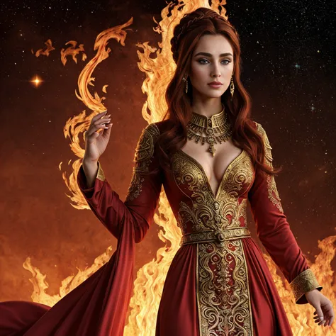 (absurdres, highres, ultra detailed), 1girl, zodiac sign - Aries goddess , solo, mature, Baroque, long dress, long sleeve, elegant, colorful, highest detailed, upper body , sunset hair . Fire eyes . Brave, willful, productive, enterprising humanitarian fac...