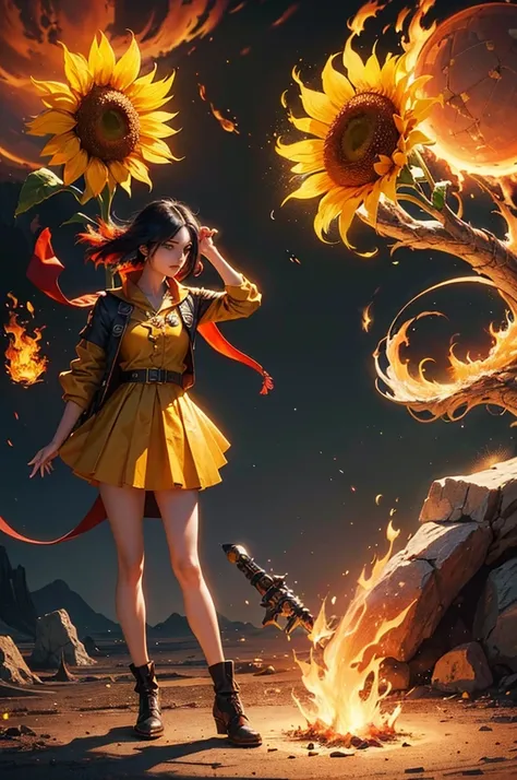 flame Sunflower, on fire, blazing flame, fantasy art, dart fantasy, ultra-wide-angle, octane render, enhance, intricate, (best quality, masterpiece, Representative work, official art, Professional, unity 8k wallpaper:1.3)