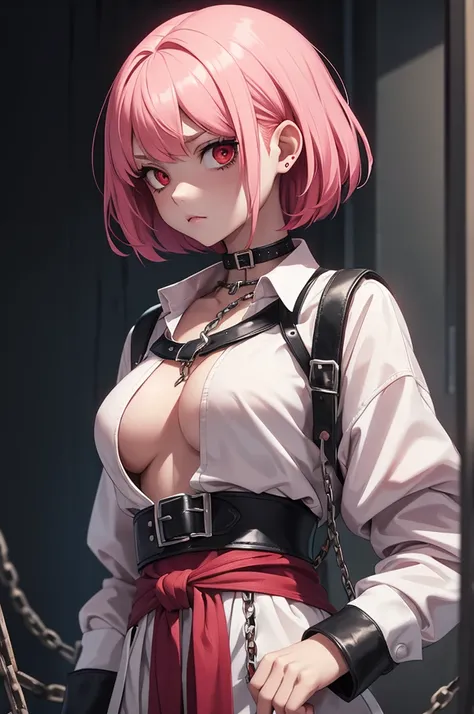 Vampire girl, short pink hair, red eyes, sad face, wearing a white straitjacket, chains around waist, Metal bars in background.