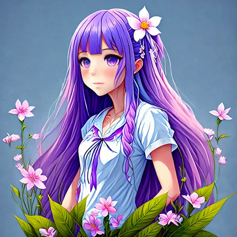 best quality, masterpiece, extremely detailed, detailed background, 1girl, solo, long hair, flower, blue hair, white background,...