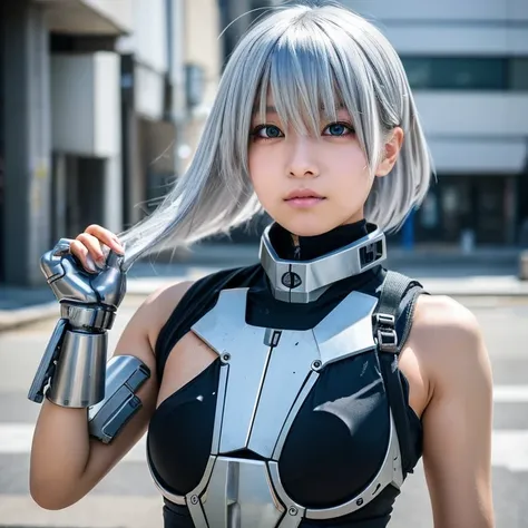 Japan anime style,9 year old silver haired cyborg girl,The right eye is gold and the left eye is dull black.,Her clothes are damaged and her upper body is almost naked.,Her right arm is made of mechanical equipment and was damaged in battle.,A deserted cit...