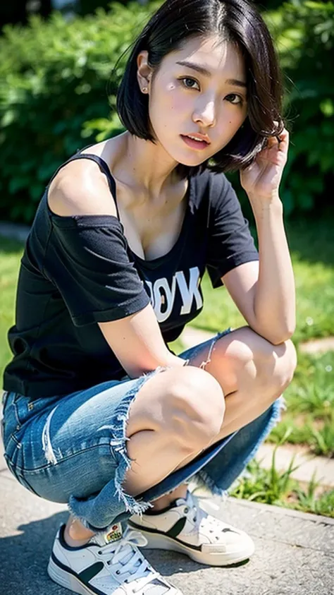 (Best Quality, 8K, 32K, masutepiece, nffsw:1.2),Photo of Pretty Japanese woman,18 years old,Black short hair,l(advance:1.3),Squatting,(From  above:1.ov.., Loose T-shirt,(Denim shorts:0.8),Detailed small breasts,Nipple slip,Wearing sneakers,Outdoors