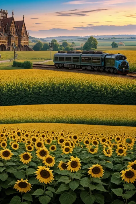 Sunflower Train, fantasy art, Dreamscape, dreamy, Fairy Tales, concept art, surrealistic, Magic Realism Style, whimsical, (Motion Blur), (best composition), ultra-wide-angle, octane render, enhance, intricate, (best quality, masterpiece, Representative wor...