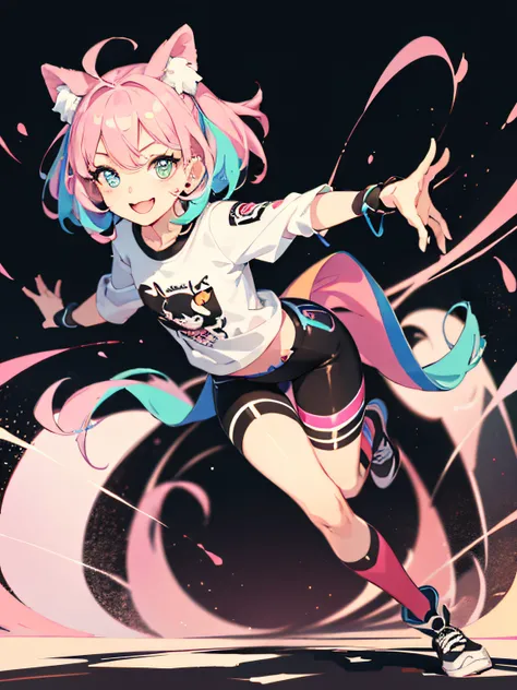 masterpiece, Top Quality, People girl,17 years old,(Cartoon style:1.4),Bright smile,Well-formed face,Dynamic pose,Cute,Pop,Full body,Colorful hair,Big eyes, (Ink design background:1.3),Colorful outfit based on white