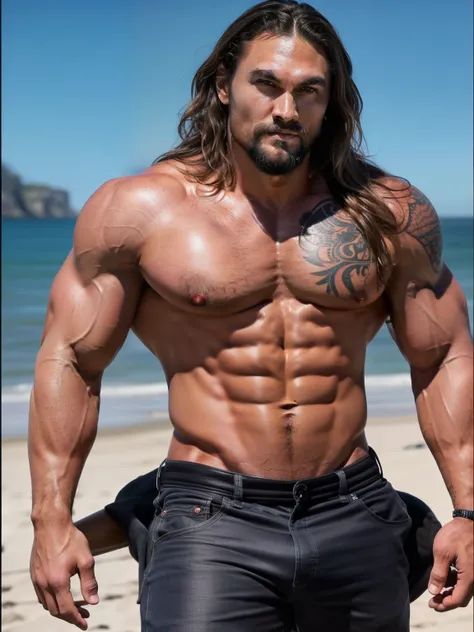 a man with long hair and beard standing on the beach, muito lindo. large muscles, strong masculine features, musculoso, forte e imponente, exaggeratedly large physique, muito musculoso, masculino e forte, 2 homens musculosos atraentes, Rasgado, large muscl...