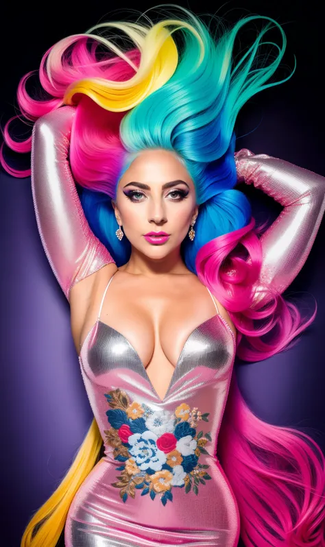 Lady GaGa vestido estampado floral,textura 4K, cabello largo y de colores, calidad alta, cuerpo completo,varias poses corporales,peinado extravagante, Original album cover, imagen 8k, futurista, alta calidad de imagen, en la noche, accesorios en el cabello...