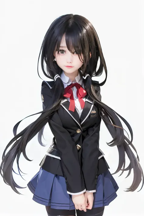 Masterpiece, best quality, 1girl, solo, 18 years old, adult, black hair, hair tied in two fronts, symmetrical hair, ahoge, very long hair, bangs covering one eye, light blue eyes, medium breasts, firm, 157cm, pale skin, grin, black school uniform, black st...