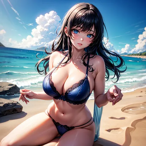 best qulaity, ultra detailliert, digitales Anime Pastell, beautiful sexy woman with black hair and thick blue strands, shinny skin, transparent underwear and thong, liegt im Sand am Strand, seductive with big breasts and beautiful blue eyes.