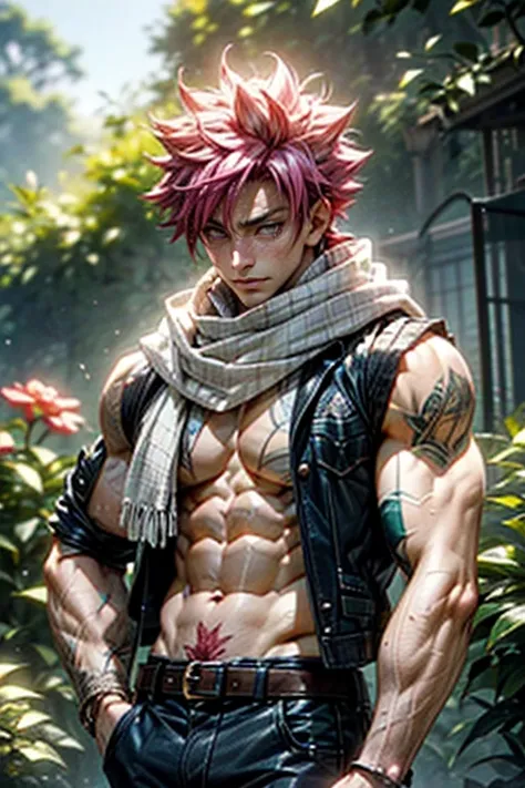 (best quality,highres,ultra-detailed:1.2), A muscular man Natsu Dragneel is standing in a garden (flexing:1.1). He is wearing a (cut sleeve vest:1.2) and (white scarf:1.2) with visible chest and pecs,(bare chested:1.2, washboard abs:1.2, V-shape body:1.2)....