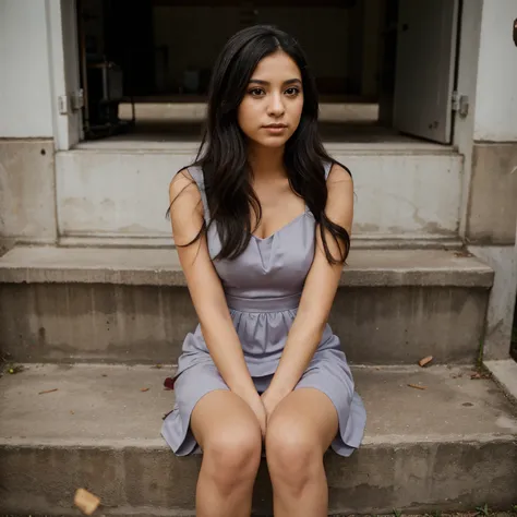 Hispanic girl… black straight hair.. wearing bridesmaids dress…. sitting at a wedding… holding cig… with smoke coming out -real