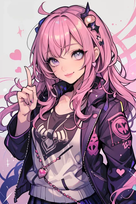 Lots of hearts in the background, heart-shaped, prety woman, sparkly eyes, False lashes, Pink lips, A smile, a miniskirt, Thumb and four fingers, Anatomically correct fingers, detail portrayal, No exposure, jaket, Lots of hearts,