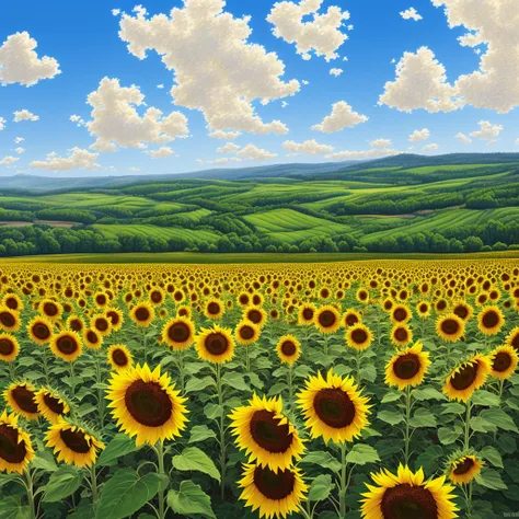 sunflower field,blossoming flowers,bright sunlight,petals glowing in the light,green leaves rustling in the breeze,vibrant yellow color,pollen-covered bees buzzing around,huge sunflowers towering above,blue sky with fluffy white clouds,breathtaking natural...