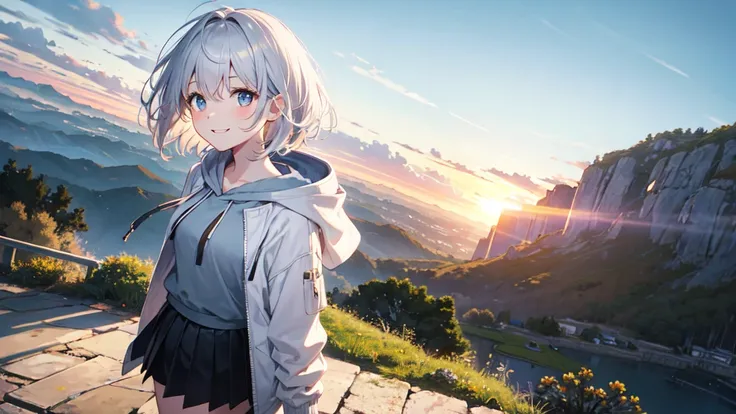 Ultra-high image quality,Look at viewers, hands behind back, girl with, 20 years old, Very short hair, long bangs between eyes, pale blue eyes, Hoodie, Skirt , Extremely detailed,(​masterpiece、top-quality),White hair、A smile、Fantastical, Silver hair, Black...