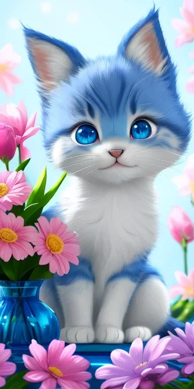 A kitten with a tiny tail, a small nose, small ears, blue eyes, blue background, flowers, vase, dream, caroline chariot-dayez pastels, tumblr, furry art, elokitty, Disneys Bambi cat, Disneys stylized furry, ears floating, fluffy tail, human cat, fluffy , f...