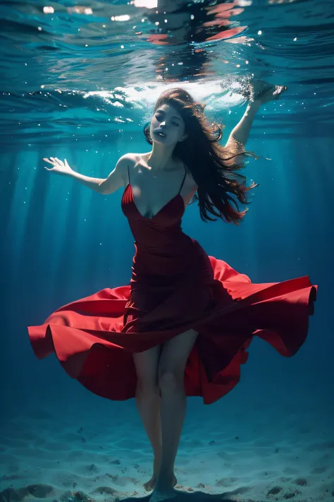 Fide woman in red dress floating in water, underwater photography, underwater photo, floating under water, long flowing hair underwater, underwater photo, submerged in the water, swimming deep underwater, underwater shot, Under water, under water swimming,...